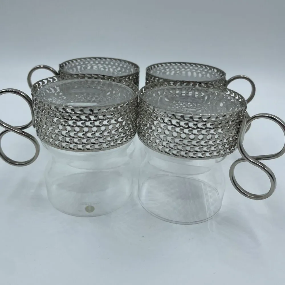 Set of FOUR Iittala Finland Tsaikka Glass w/ Metal Holder ~ Timo Sarpaneva